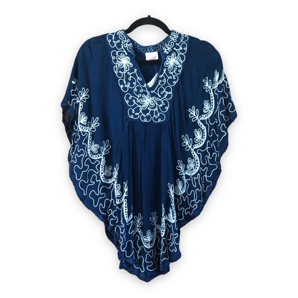 Star India Blue Embroidered Poncho Blouse Boho Hippie NWT One Size